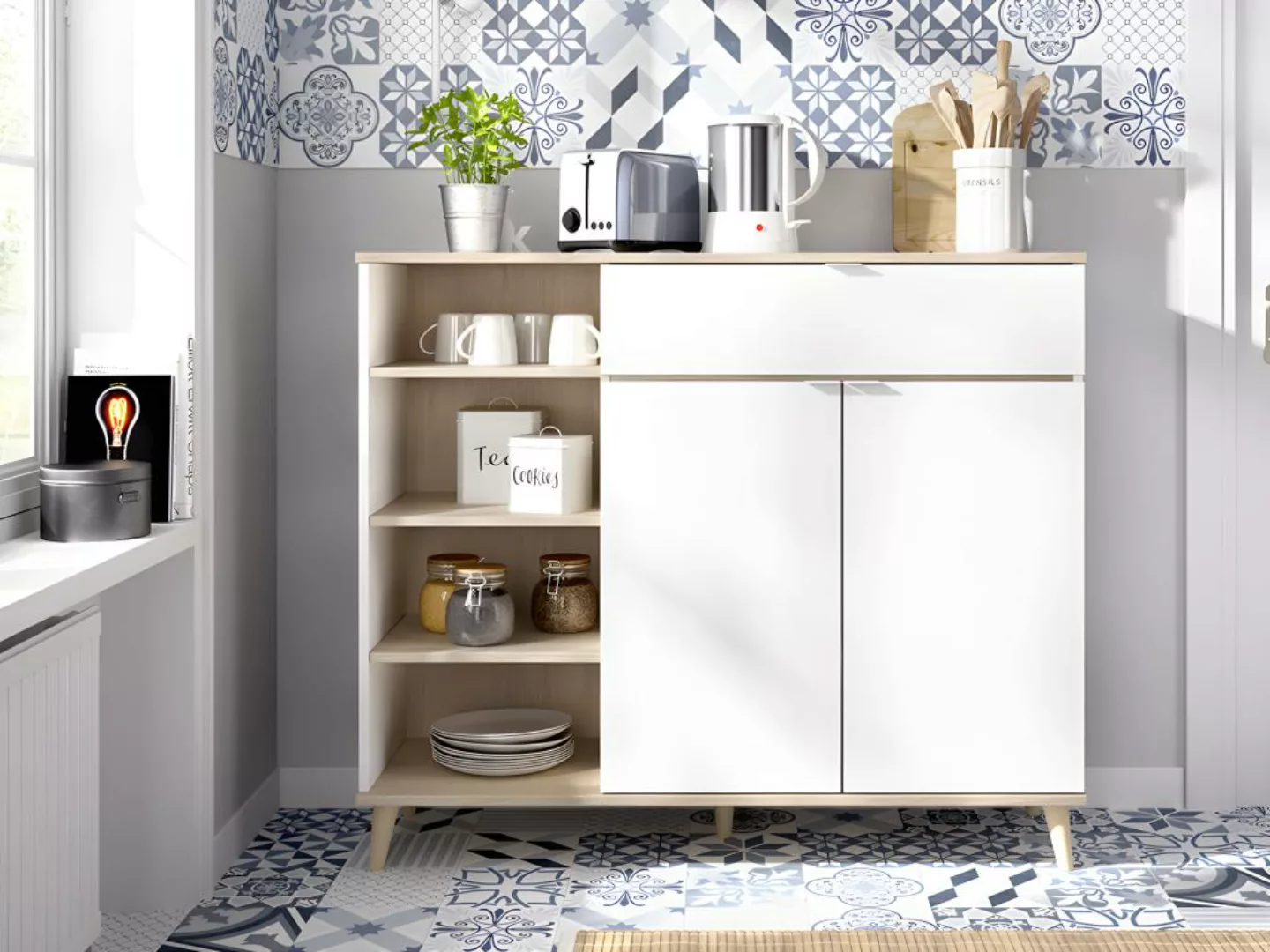 Küchenschrank mit 2 Türen, 1 Schublade & 4 Ablagen - Weiß & Eichefarben - W günstig online kaufen