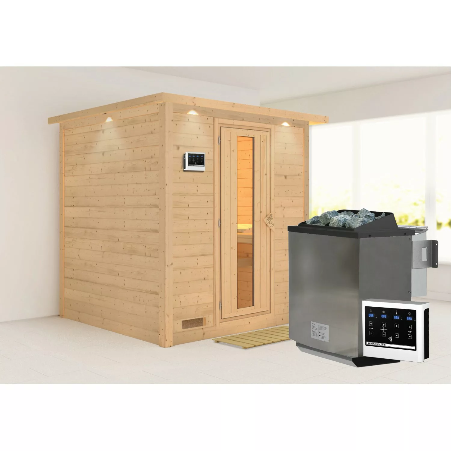 Karibu Sauna Marika mit Bio-Ofen externe Stg.LED-Dachkranz Natur günstig online kaufen