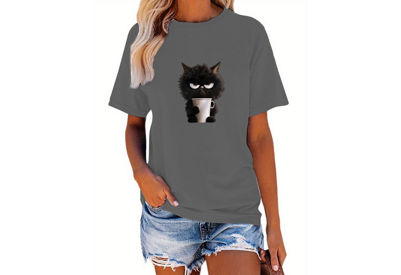 PYL Print-Shirt Damen Sommer Kurzarmbluse Locker Katze Print-Shirt Casual T günstig online kaufen