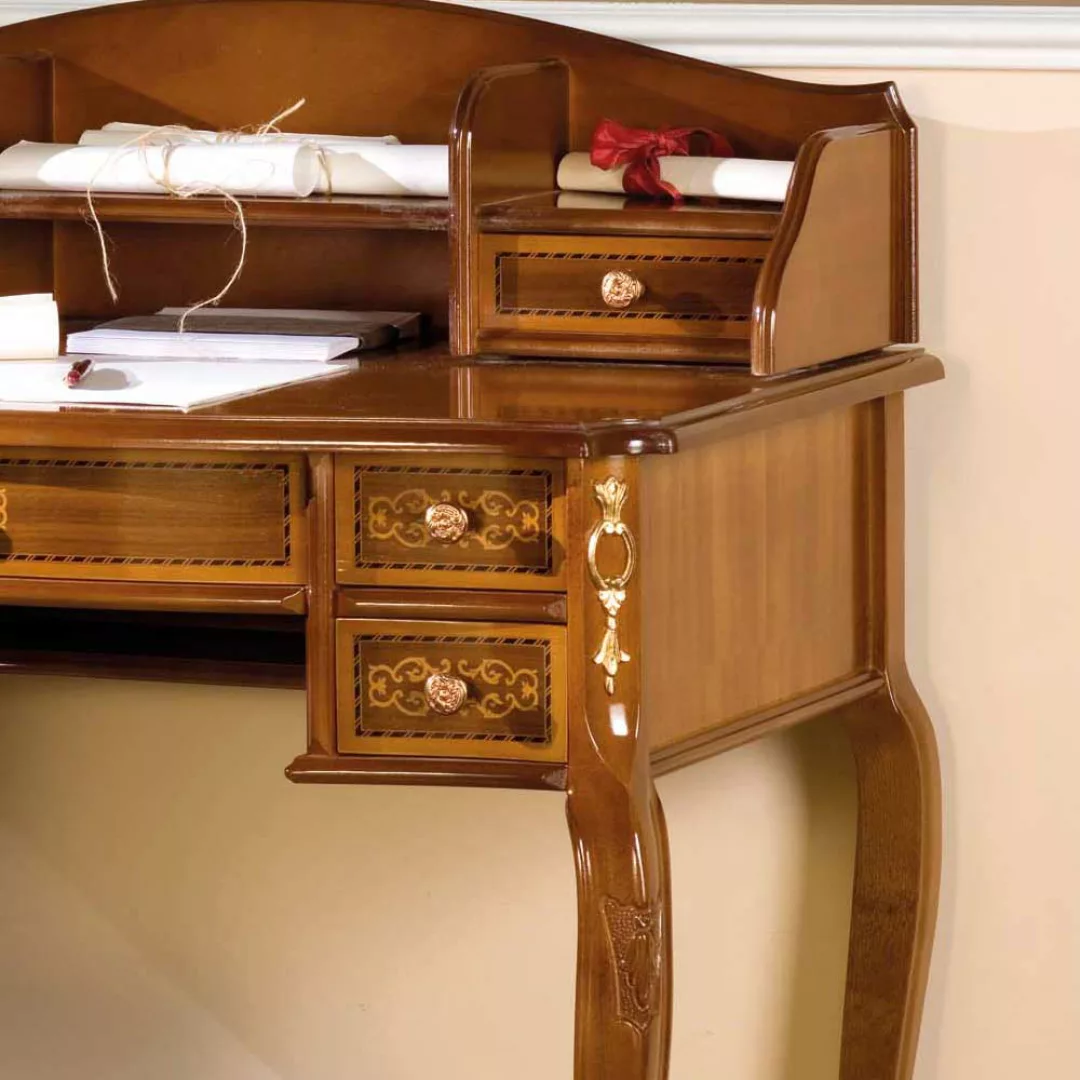 Design Schreibtisch und Stuhl im Barock Look Nussbaum und Creme Weiß (zweit günstig online kaufen