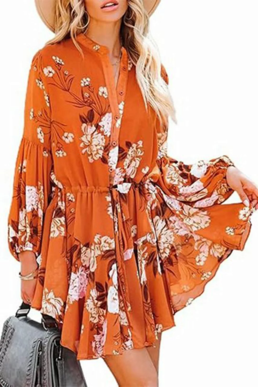 Orient Phoenix Druckkleid Damen langarm Minikleid mit Rüschen Laternenärmel günstig online kaufen