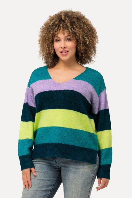 Ulla Popken Strickpullover Pullover Blockstreifen V-Ausschnitt Langarm günstig online kaufen