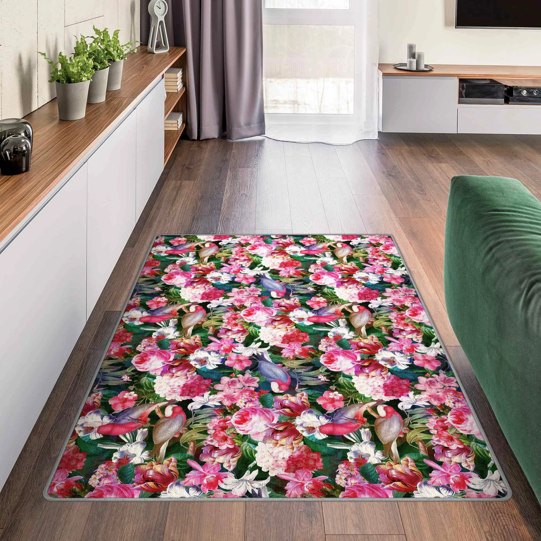 Teppich Bunte Tropische Blumen mit Vögeln Pink günstig online kaufen