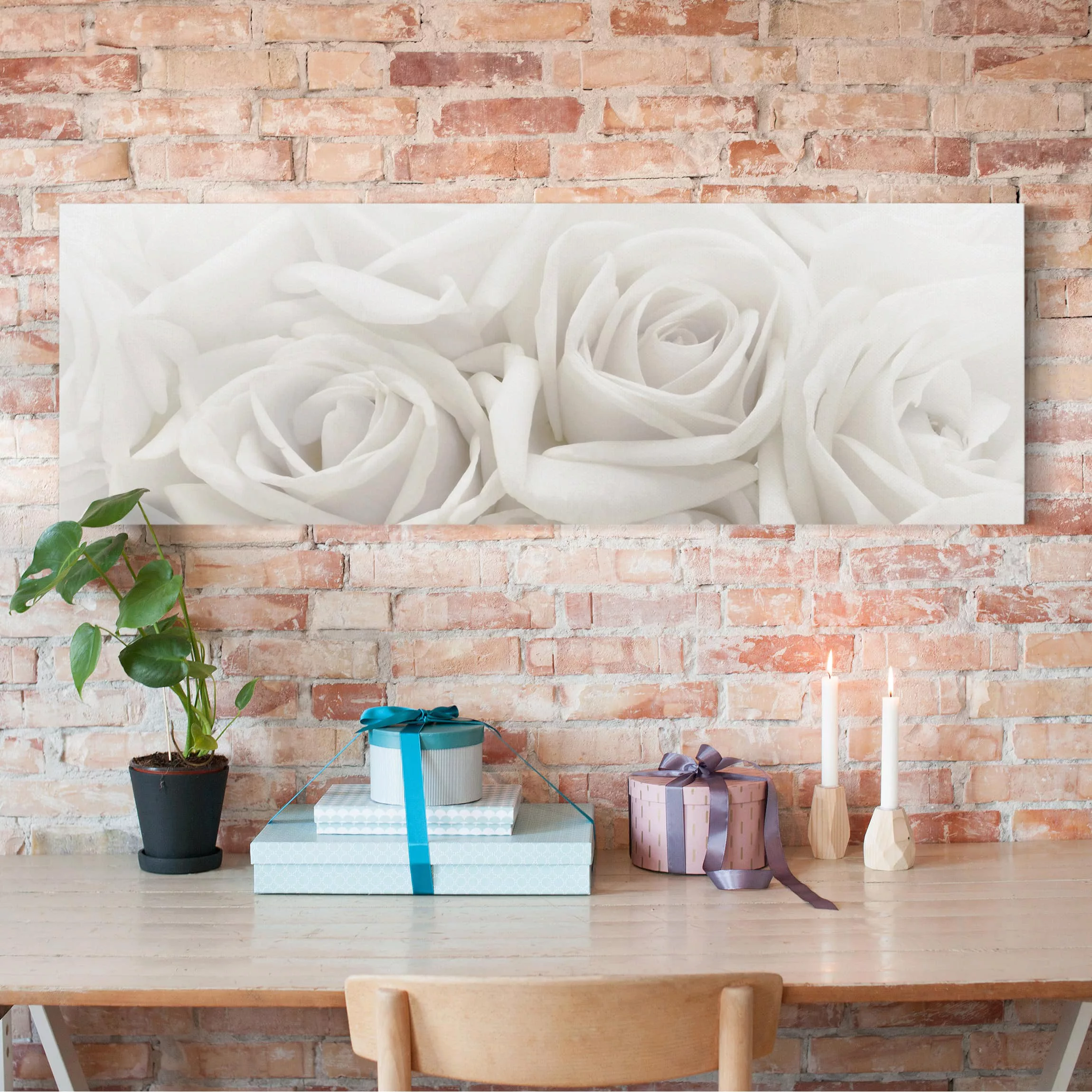 Leinwandbild Blumen - Panorama Weiße Rosen günstig online kaufen
