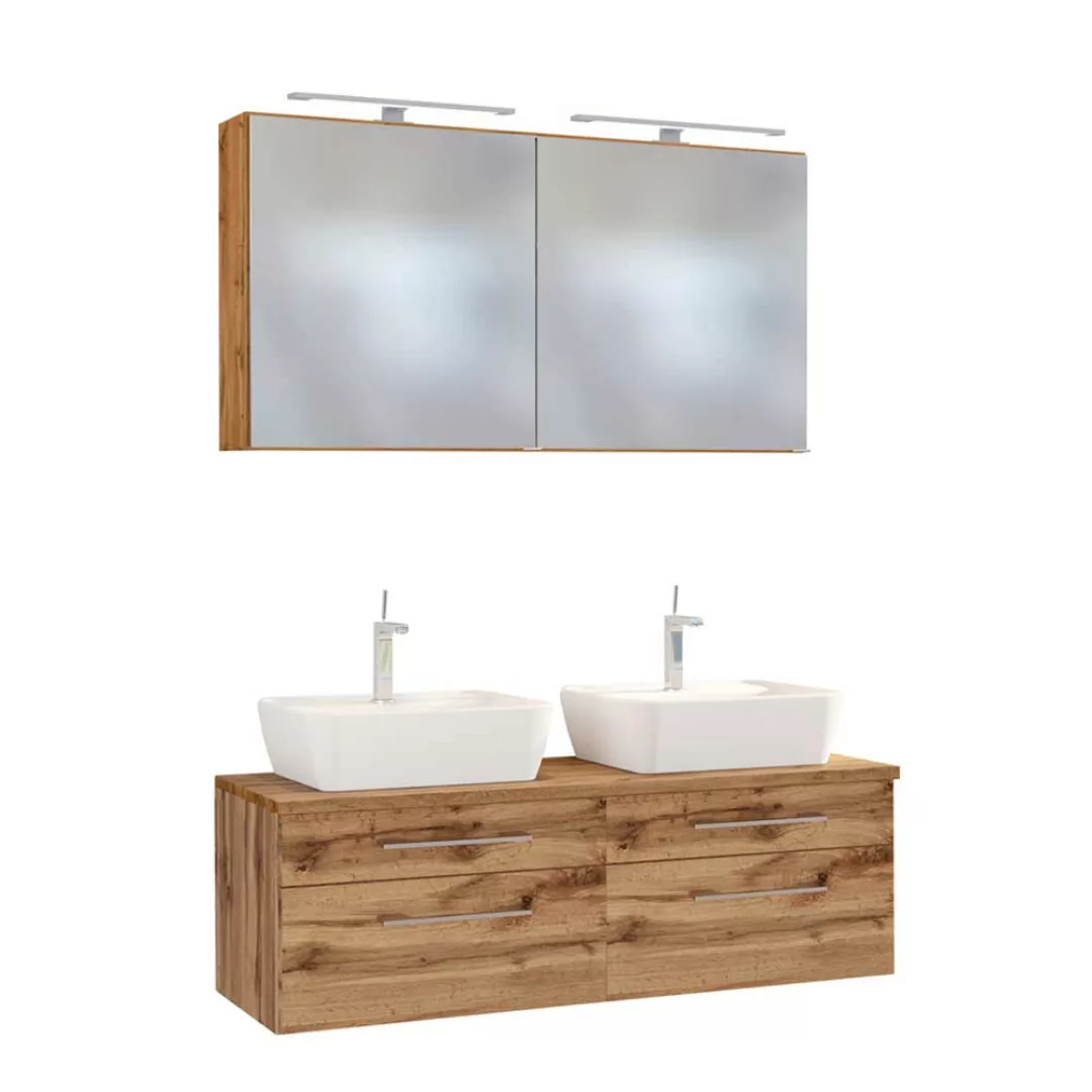 Doppel Waschtisch mit LED Spiegelschränken Wildeiche Dekor (dreiteilig) günstig online kaufen
