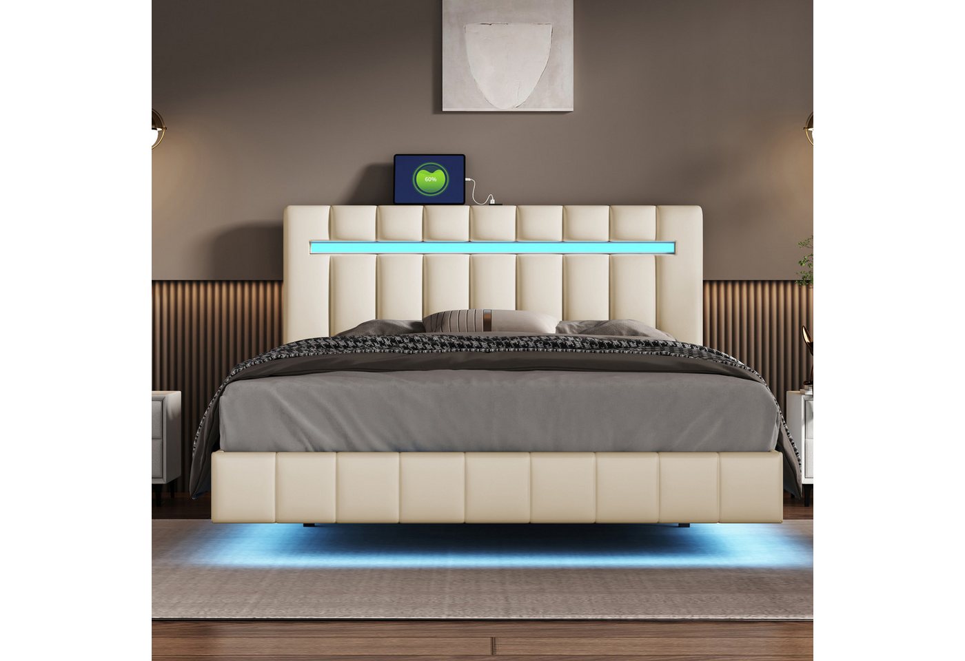 Ulife Polsterbett Doppelbett gepolsterter Schwebebett Rahmen mit LED-Leucht günstig online kaufen