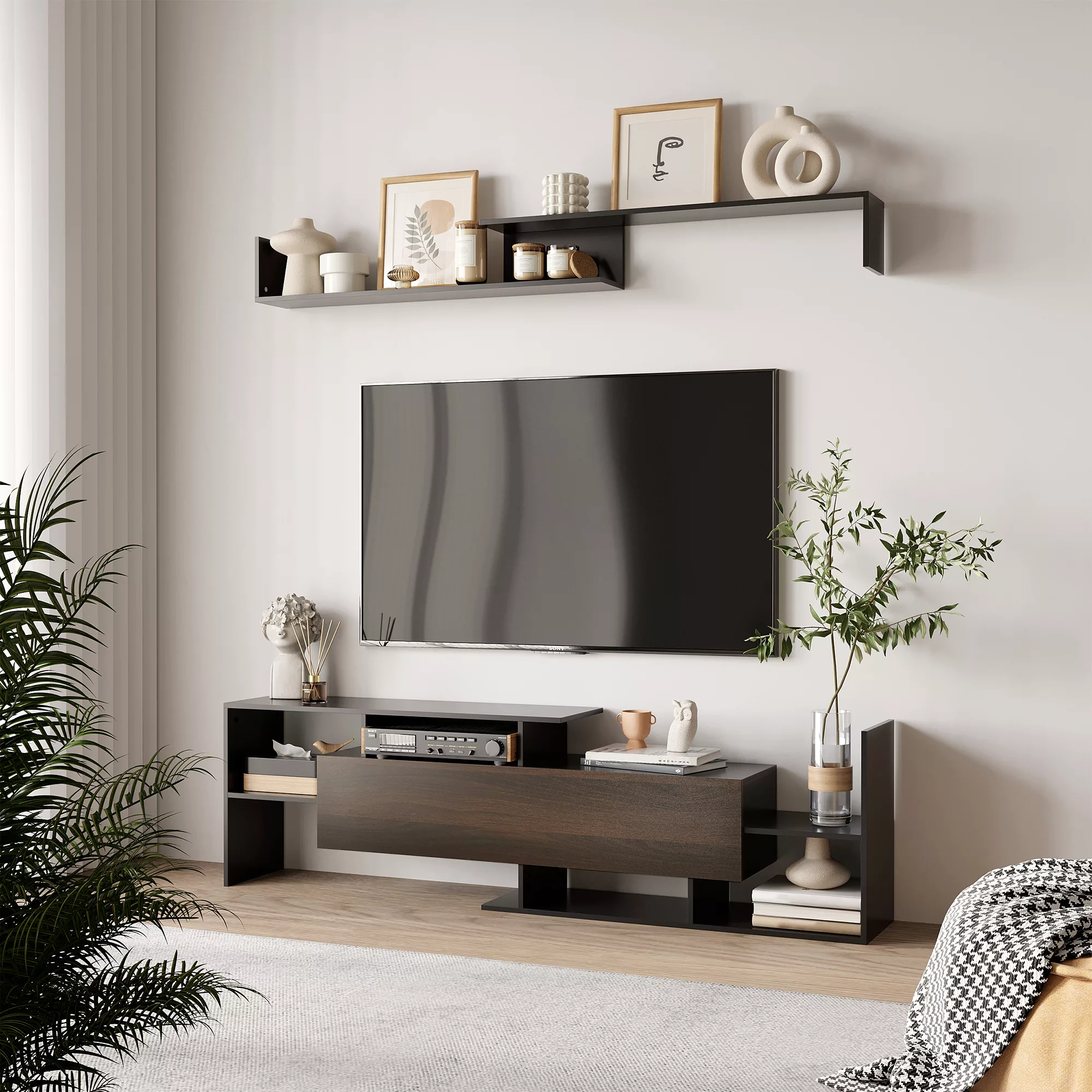 HOMCOM TV-Möbelset mit TV-Bank und Wandregal im zeitgenössischen Stil 153,6 günstig online kaufen