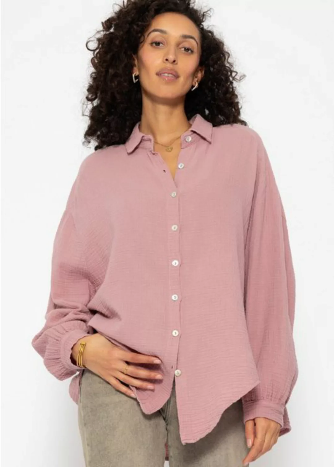 SASSYCLASSY Longbluse Oversize Musselin Bluse Damen kurz Langarm Elegant He günstig online kaufen