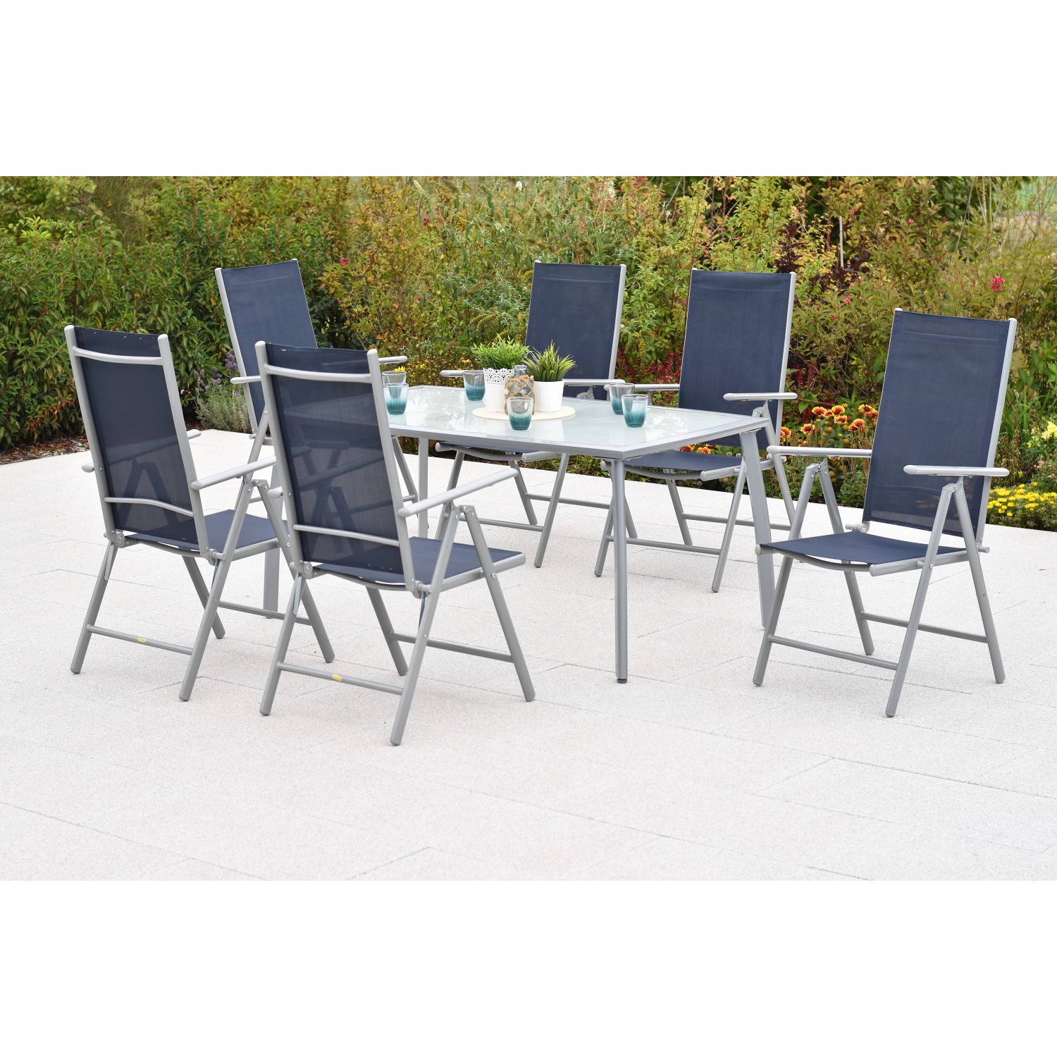 Merxx Amalfi Set 7-tlg. 6 Klappsessel Gartentisch 150 x 90 cm Marineblau günstig online kaufen