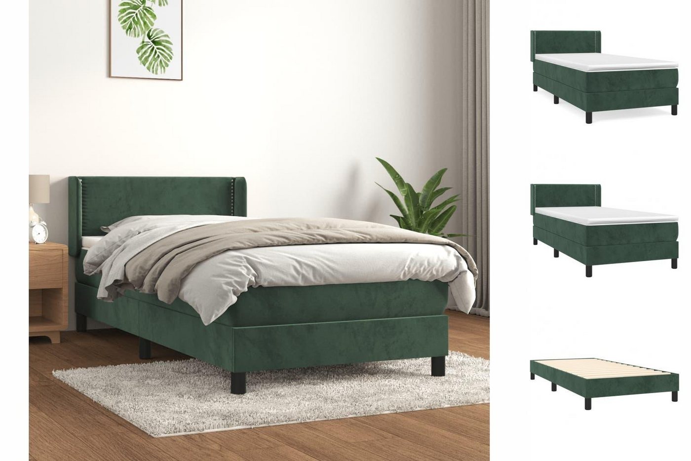 vidaXL Bettgestell Boxspringbett mit Matratze Dunkelgrün 90x200 cm Samt Bet günstig online kaufen