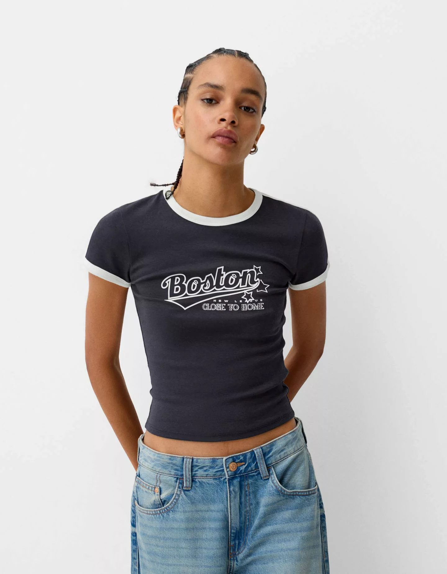 Bershka T-Shirt Mit Print Damen L Marinenblau günstig online kaufen