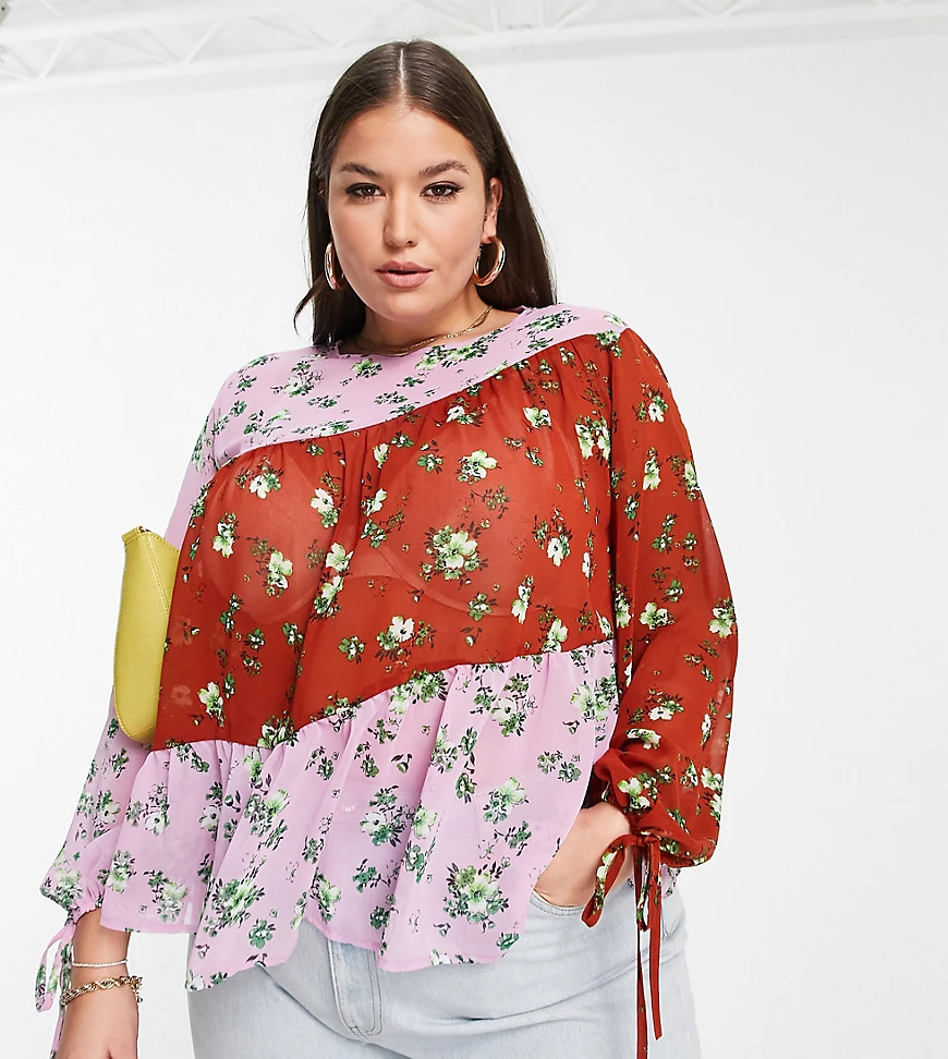 ASOS DESIGN Curve – Mehrfarbige, langärmlige Hängerbluse mit Muster und Sch günstig online kaufen