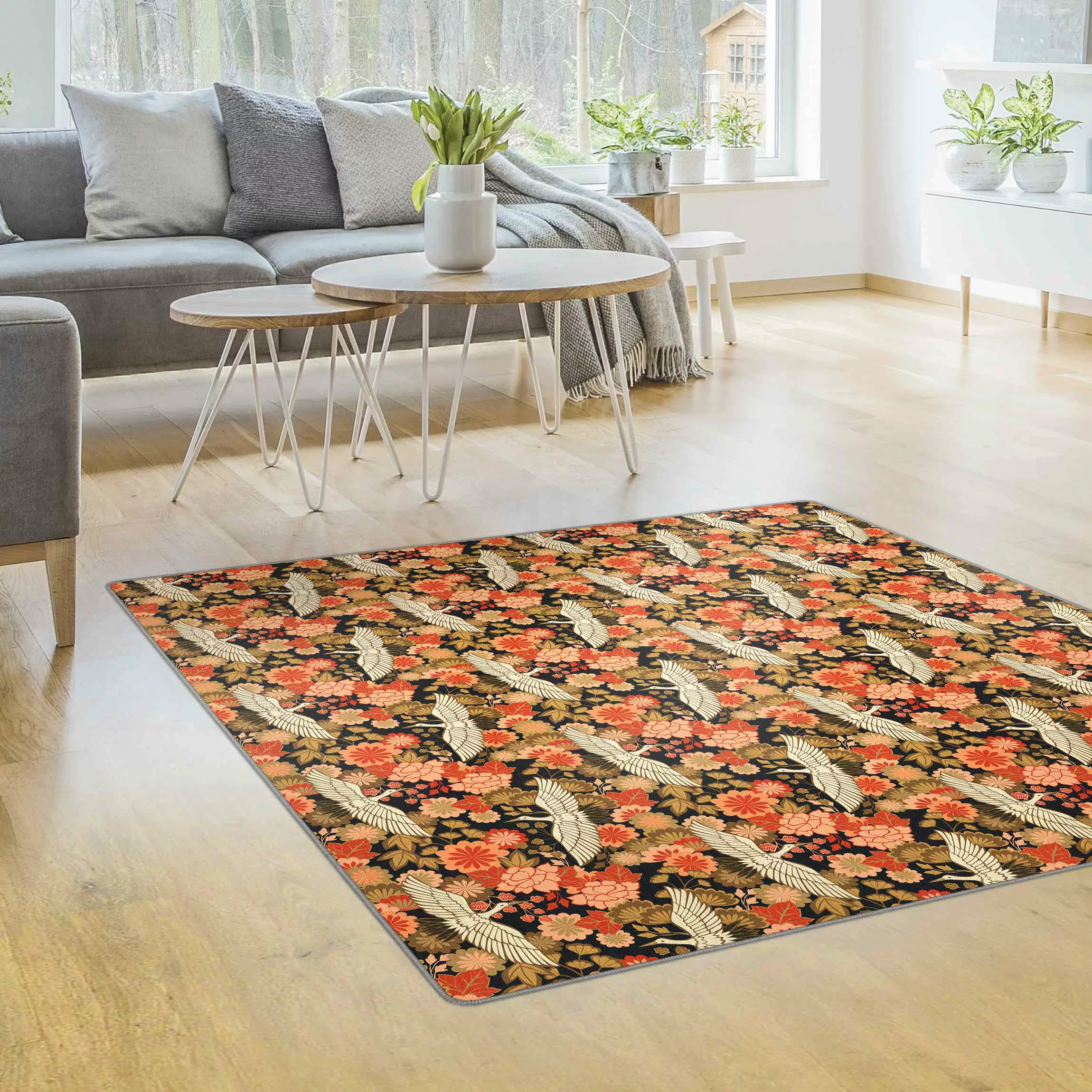 Teppich Kraniche und Chrysanthemen Schwarz günstig online kaufen
