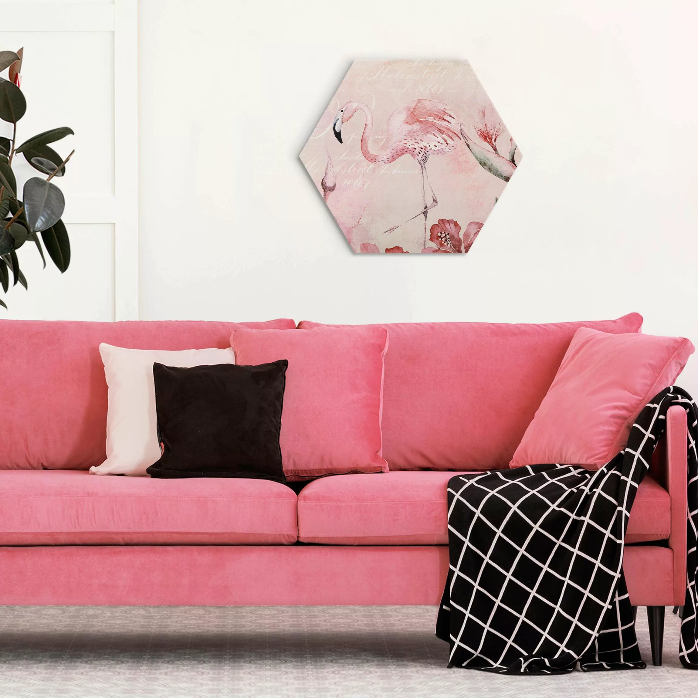 Hexagon-Alu-Dibond Bild Shabby Chic Collage - Flamingo günstig online kaufen