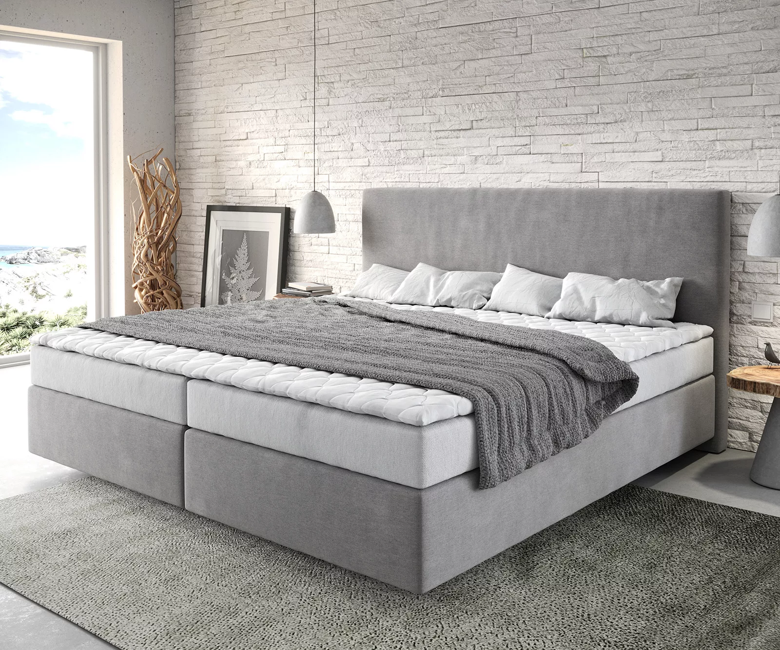 Boxspringbett Dream-Well Mikrofaser Grau 200x200 cm Bonell-Matratze PU-Topp günstig online kaufen