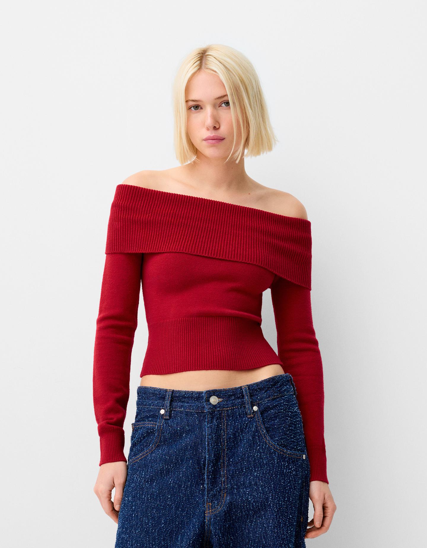 Bershka Pullover Mit Carmen-Ausschnitt Damen S Rot günstig online kaufen