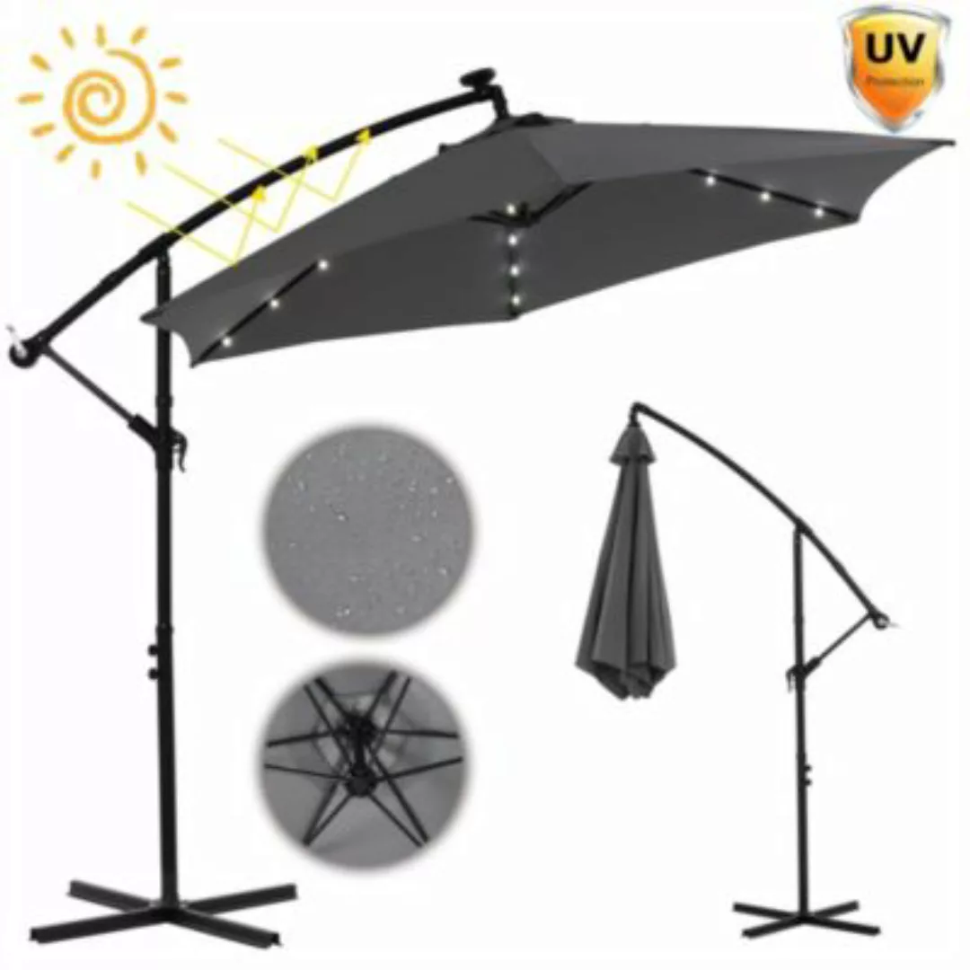 Mucola Gartenschirm Sonnenschirm Ampelschirm mit LED 300 cm in Grau Aufklap günstig online kaufen