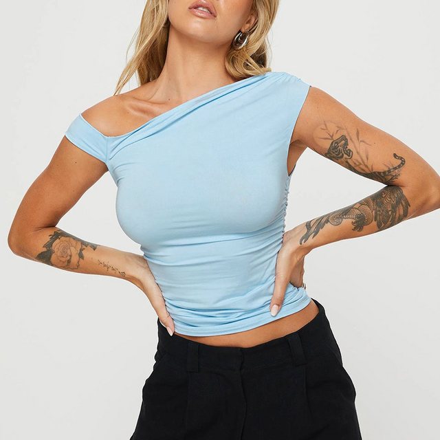 CHENIN T-Shirt Kurzärmeliges Damen-Top, schulterfrei, gerüscht Y2K, schmale günstig online kaufen