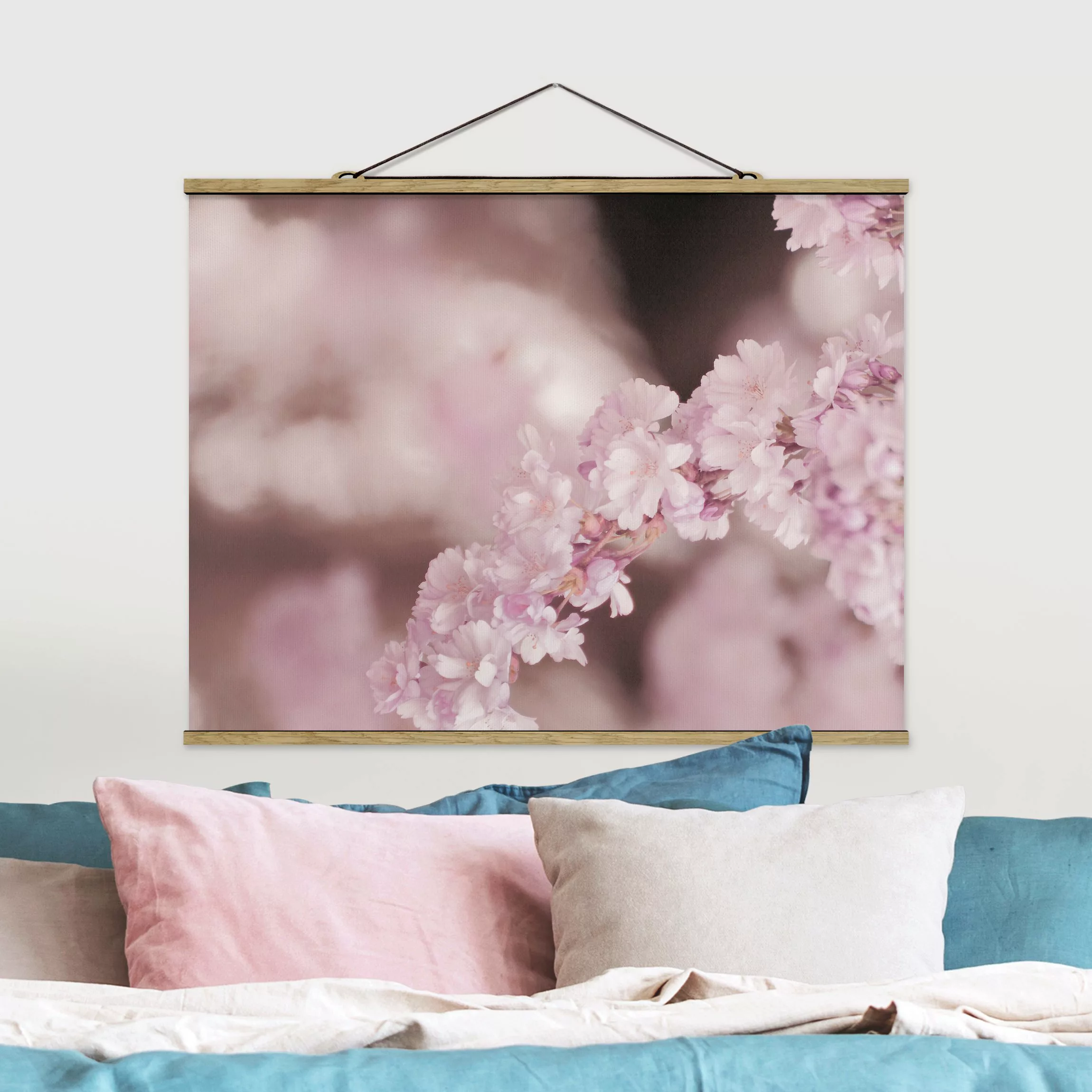 Stoffbild mit Posterleisten Kirschblüte im Violetten Licht günstig online kaufen