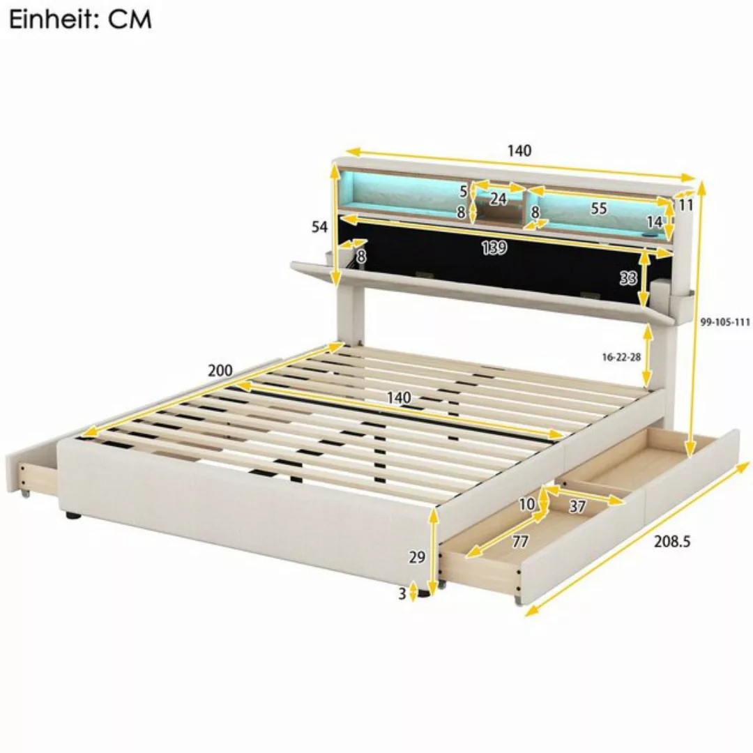Odikalo Polsterbett Stauraumbett Kopfteil mit USB 16-LED 4 Schubladen Beige günstig online kaufen