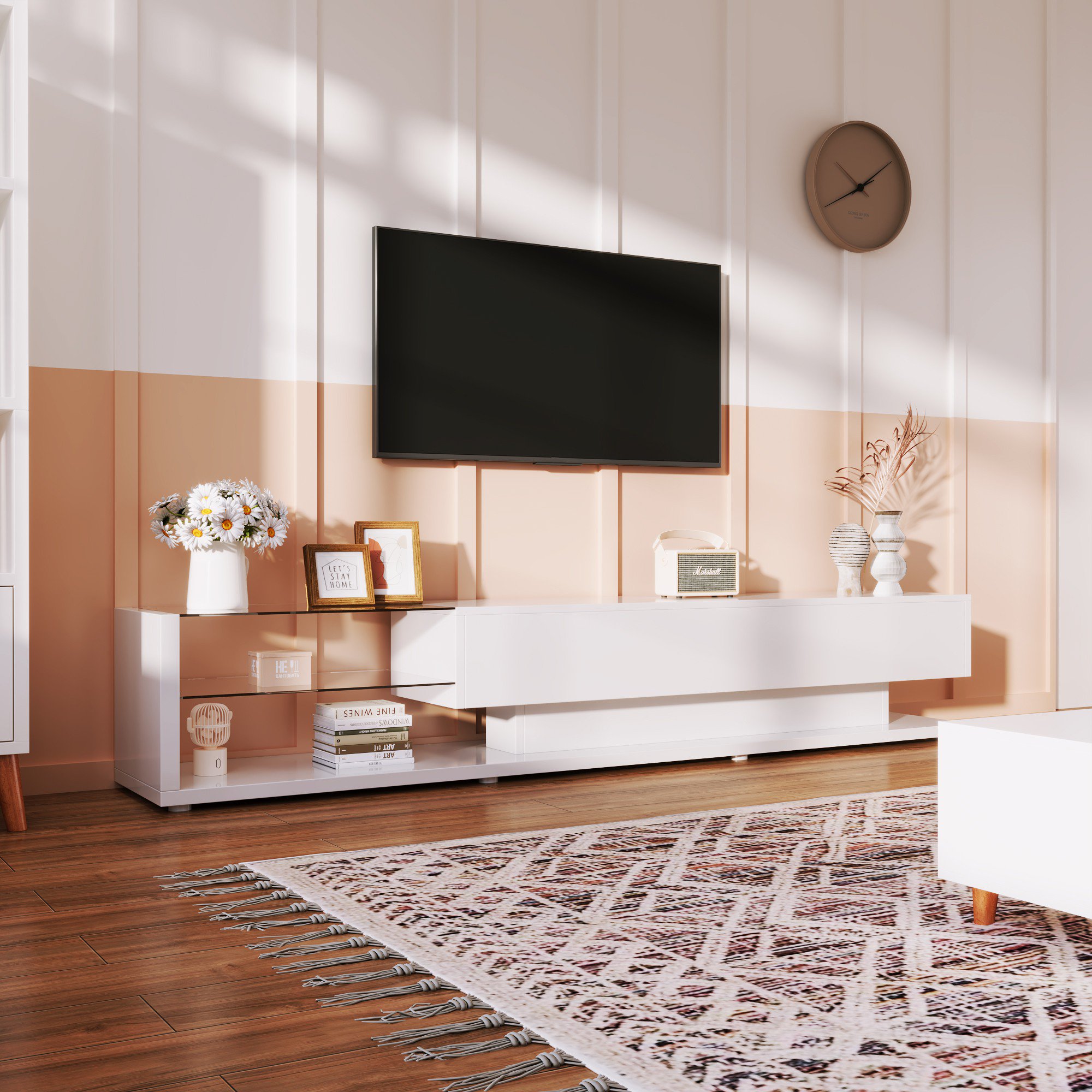TV-Schrank Hochglanz mit LED-Beleuchtung und Glasregalen, Modernes Design, günstig online kaufen