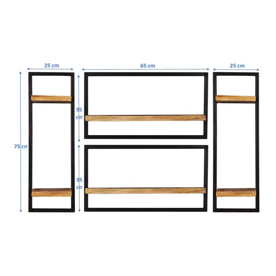 Wand Regal Set im rustikalen Stil Mangobaum Massivholz & Metall (vierteilig günstig online kaufen