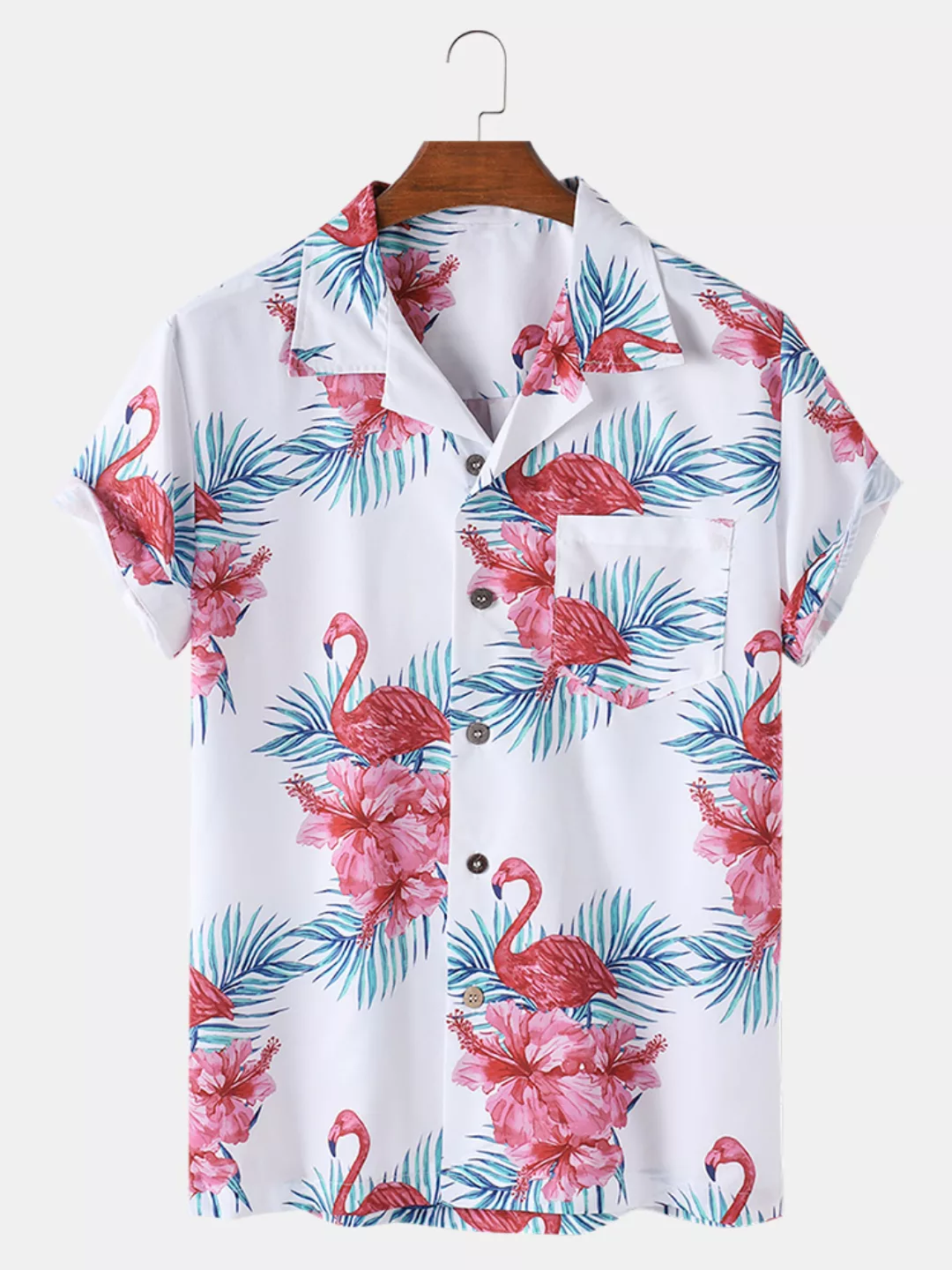 Herren Flamingo bedruckte Revere Collar Casual Kurzarmhemden mit Tasche günstig online kaufen