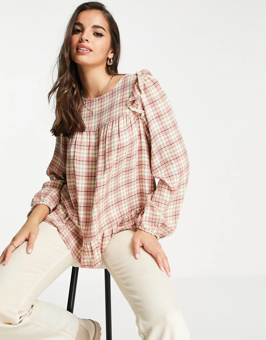 New Look – Gesmokte Bluse mit Rüschenärmeln und rosa Karomuster günstig online kaufen