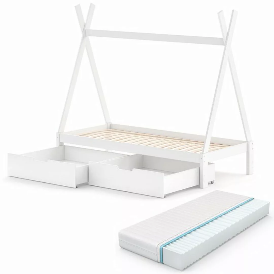 VitaliSpa® Kinderbett Tipi, Weiß, 90x200 cm Hoch mit 2 Schubladen und 2 Mat günstig online kaufen