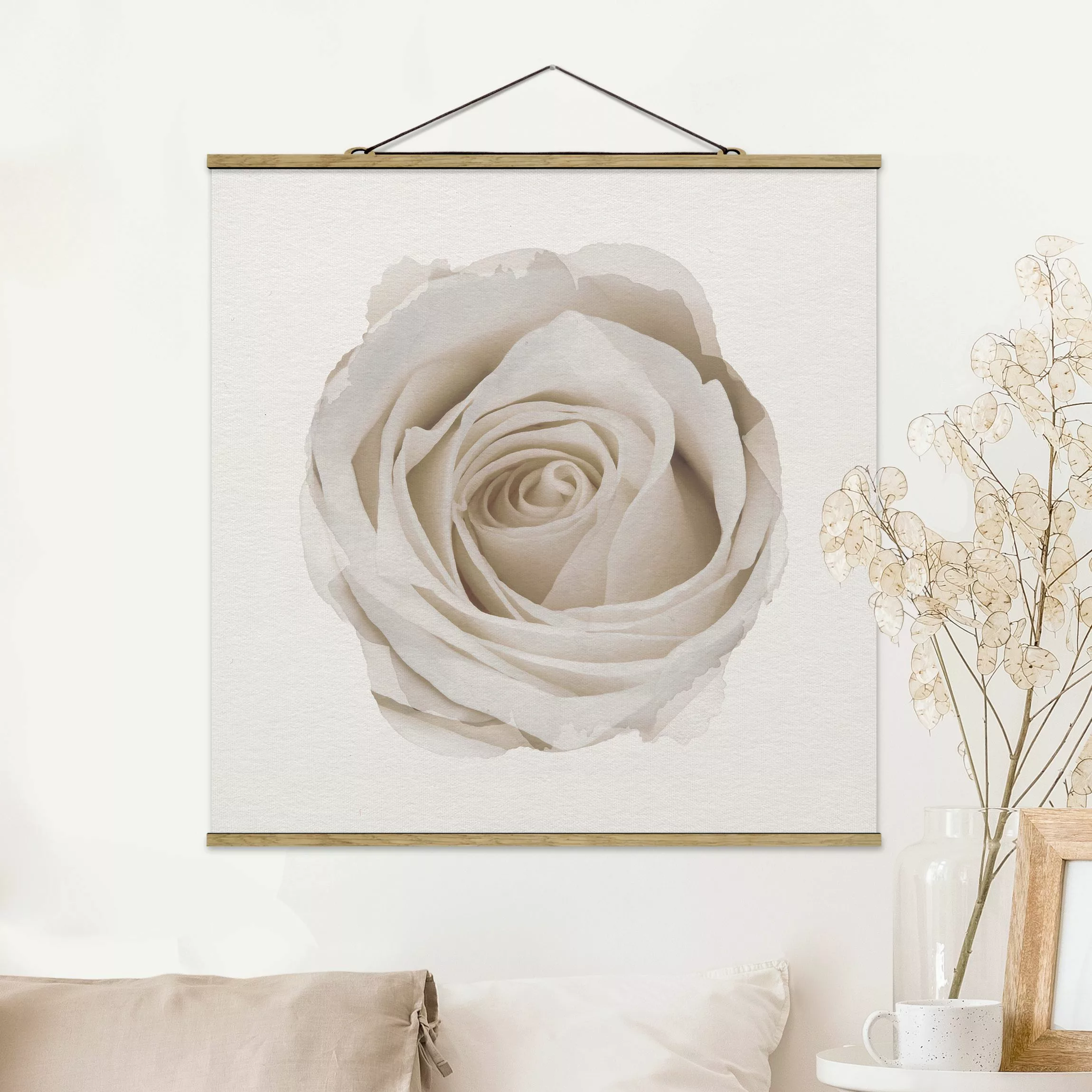 Stoffbild Blumen mit Posterleisten - Quadrat Wasserfarben - Pretty White Ro günstig online kaufen