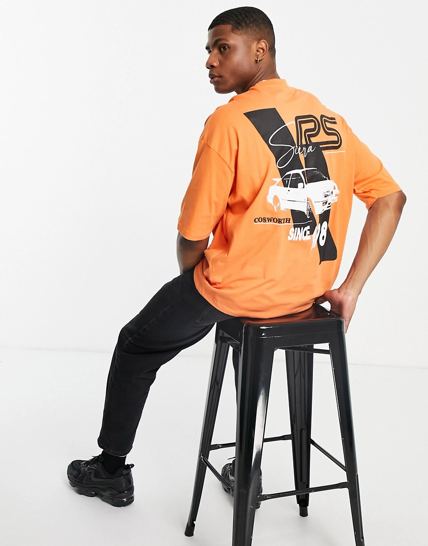 ASOS DESIGN – Oversize-T-Shirt in Orange mit „Ford Sierra“-Print günstig online kaufen