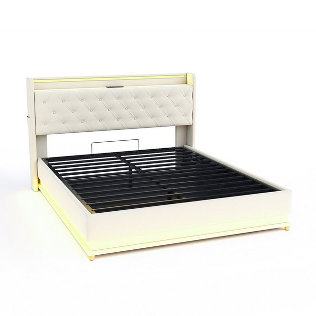 Gotagee Polsterbett LED Jugendbett Stauraum Funktionsbett Doppelbett Beige günstig online kaufen