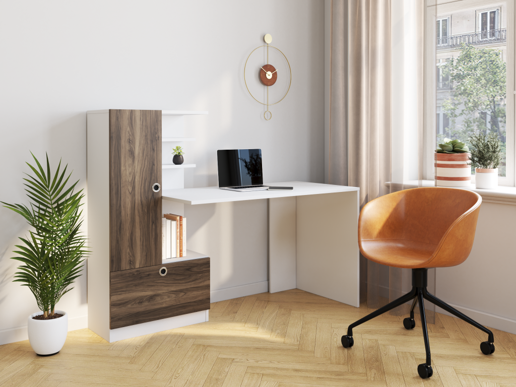 Schreibtisch mit Regal - Naturfarben & Weiß - MIDIALI günstig online kaufen