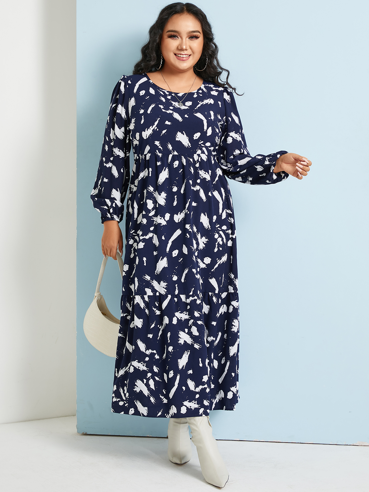 YOINS Plus Größe Gepunktete lange Ärmel Maxi Kleid günstig online kaufen