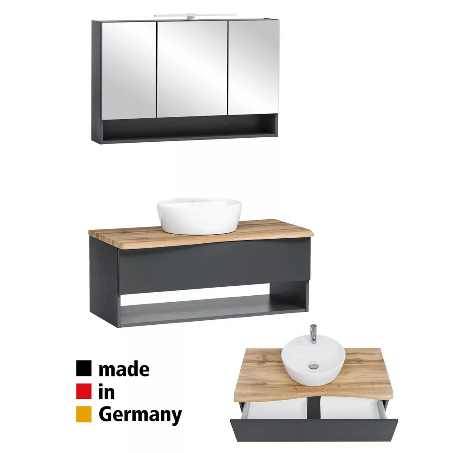 Waschplatz Set inkl. Waschbecken und LED Spiegelschrank KAHLA-03 in graphit günstig online kaufen