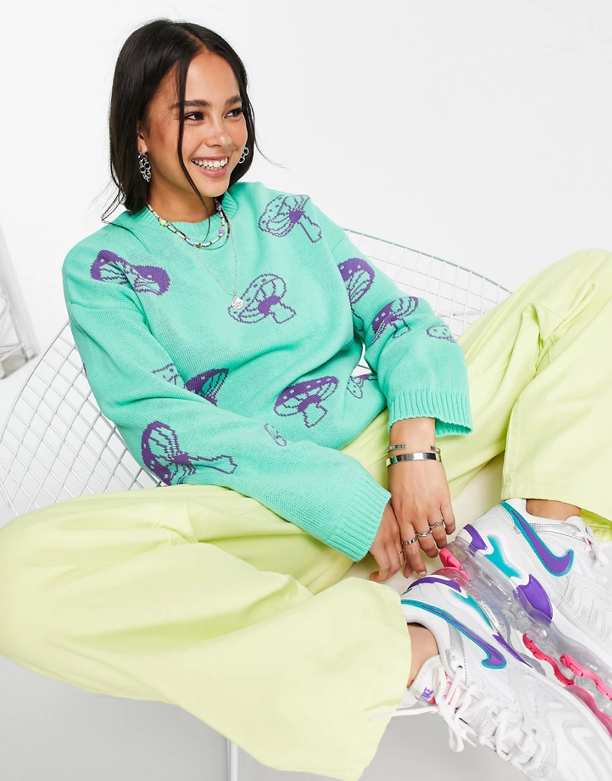 ASOS DESIGN – Oversize-Pullover in Grün mit Pilzmuster günstig online kaufen