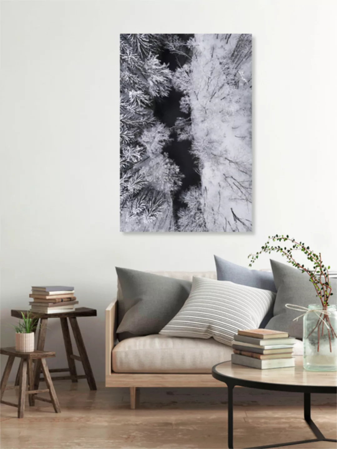 Poster / Leinwandbild - Black River Through The Snowy Winter Forest günstig online kaufen