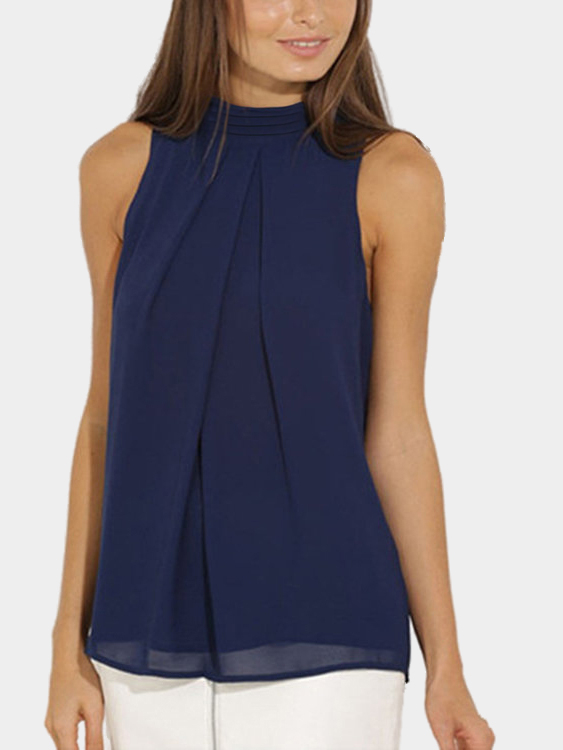 Navy High Neck Open Back Plissee Chiffon Tank Top günstig online kaufen