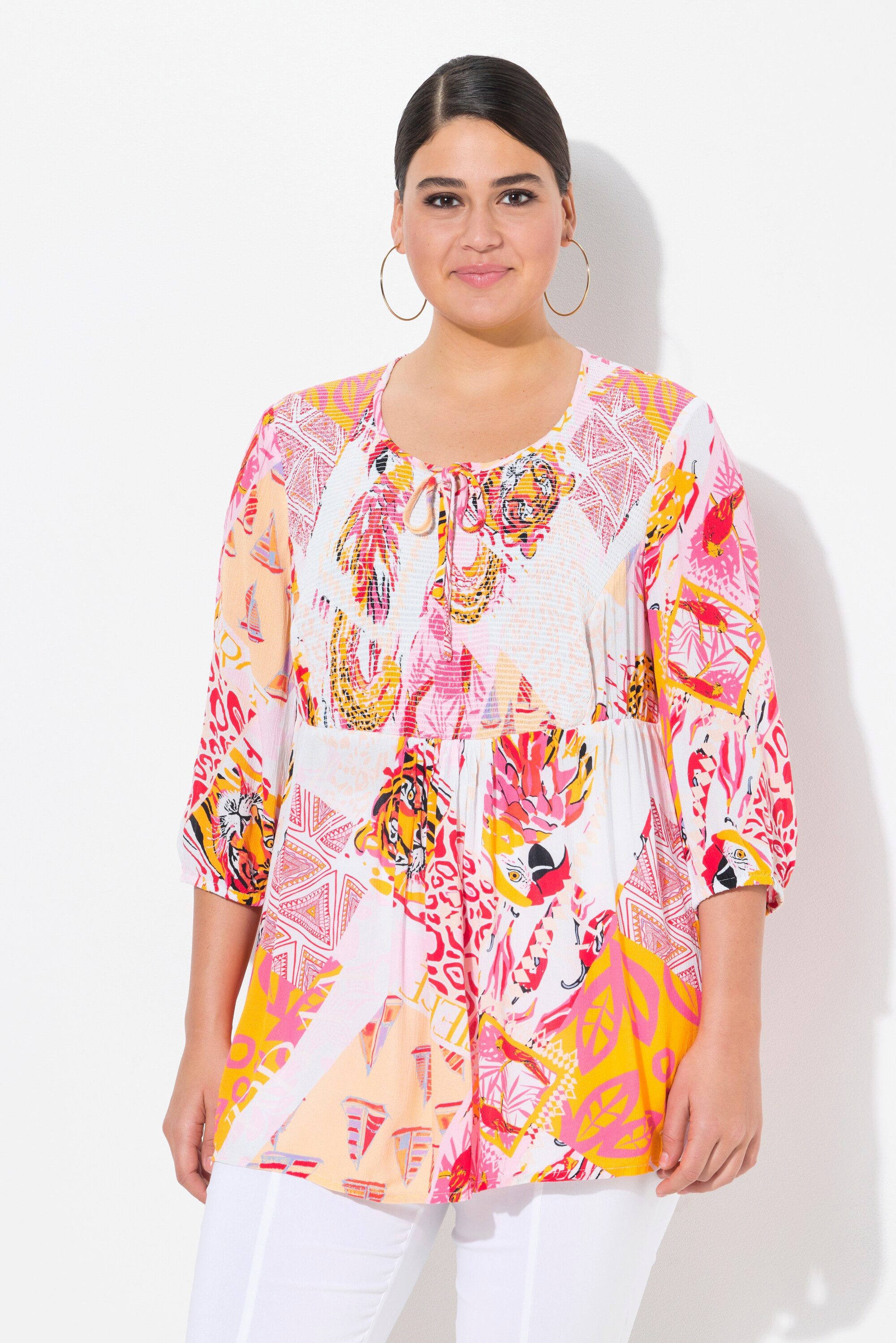 Ulla Popken Tunika Smok-Bluse Patchdruck A-Linie günstig online kaufen