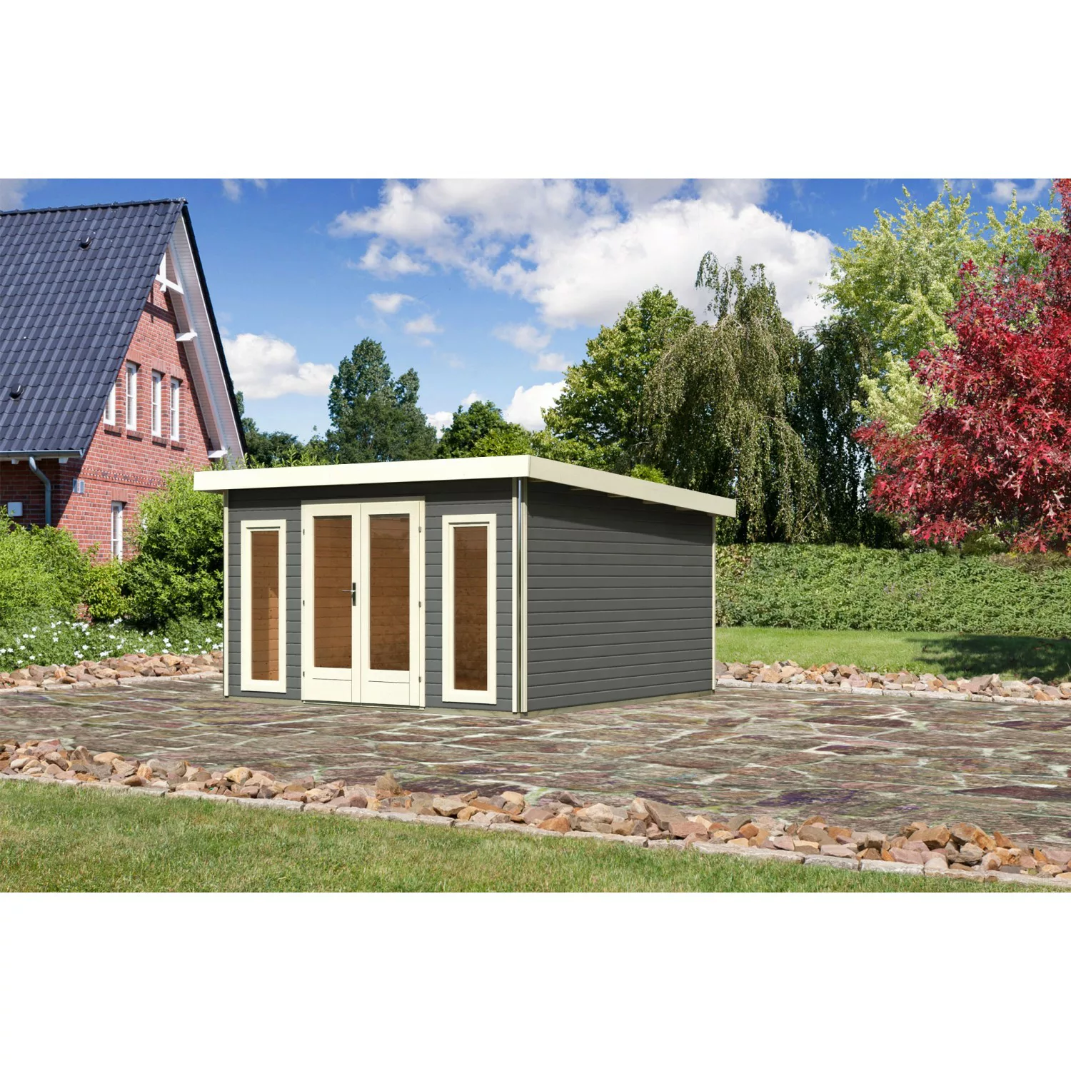 Karibu Holz-Gartenhaus/Gerätehaus Norrköping Terragrau Pultdach Lackiert 36 günstig online kaufen