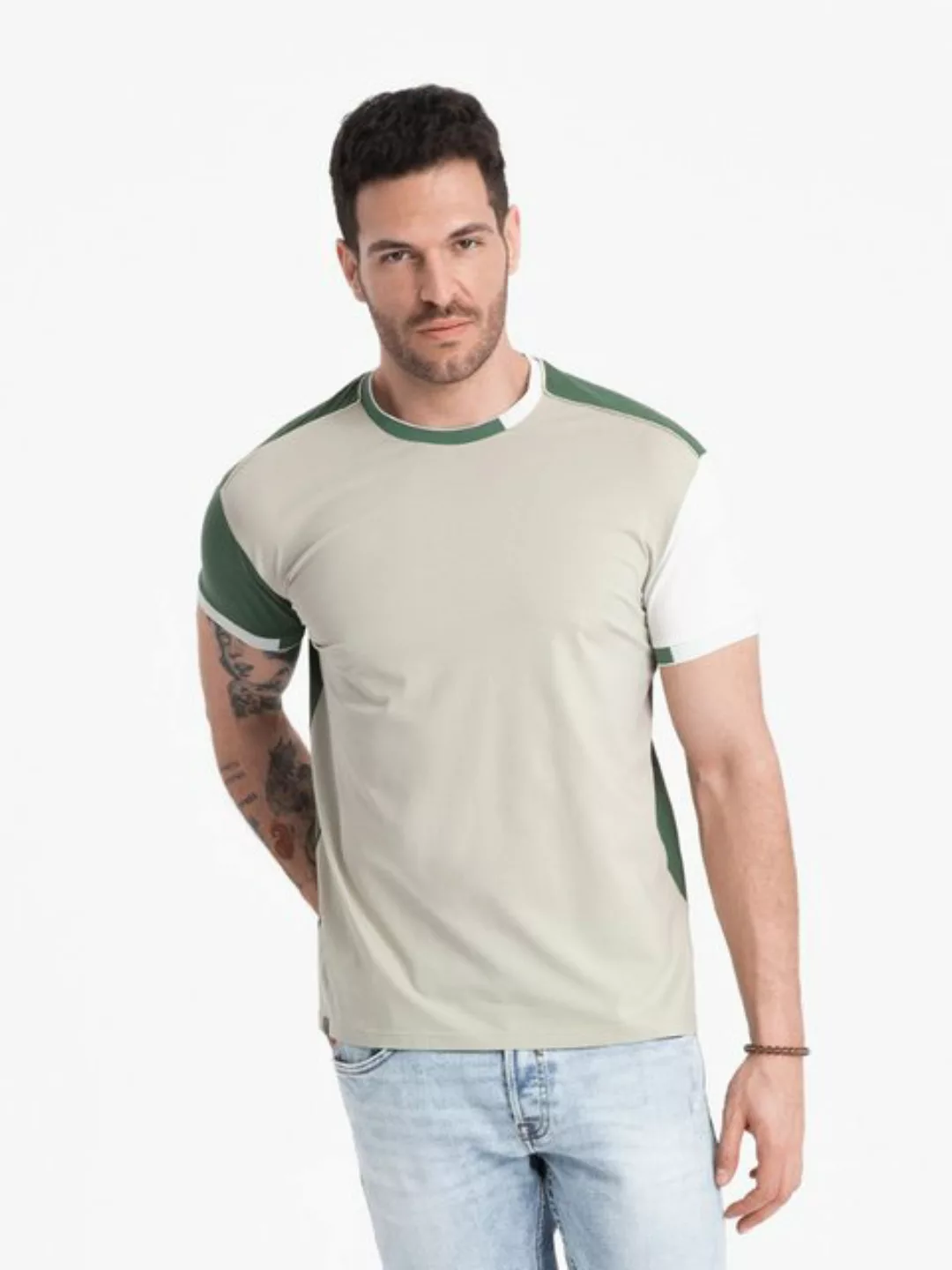 OMBRE T-Shirt Herren-T-Shirt aus Elastan mit farbigen Ärmeln günstig online kaufen