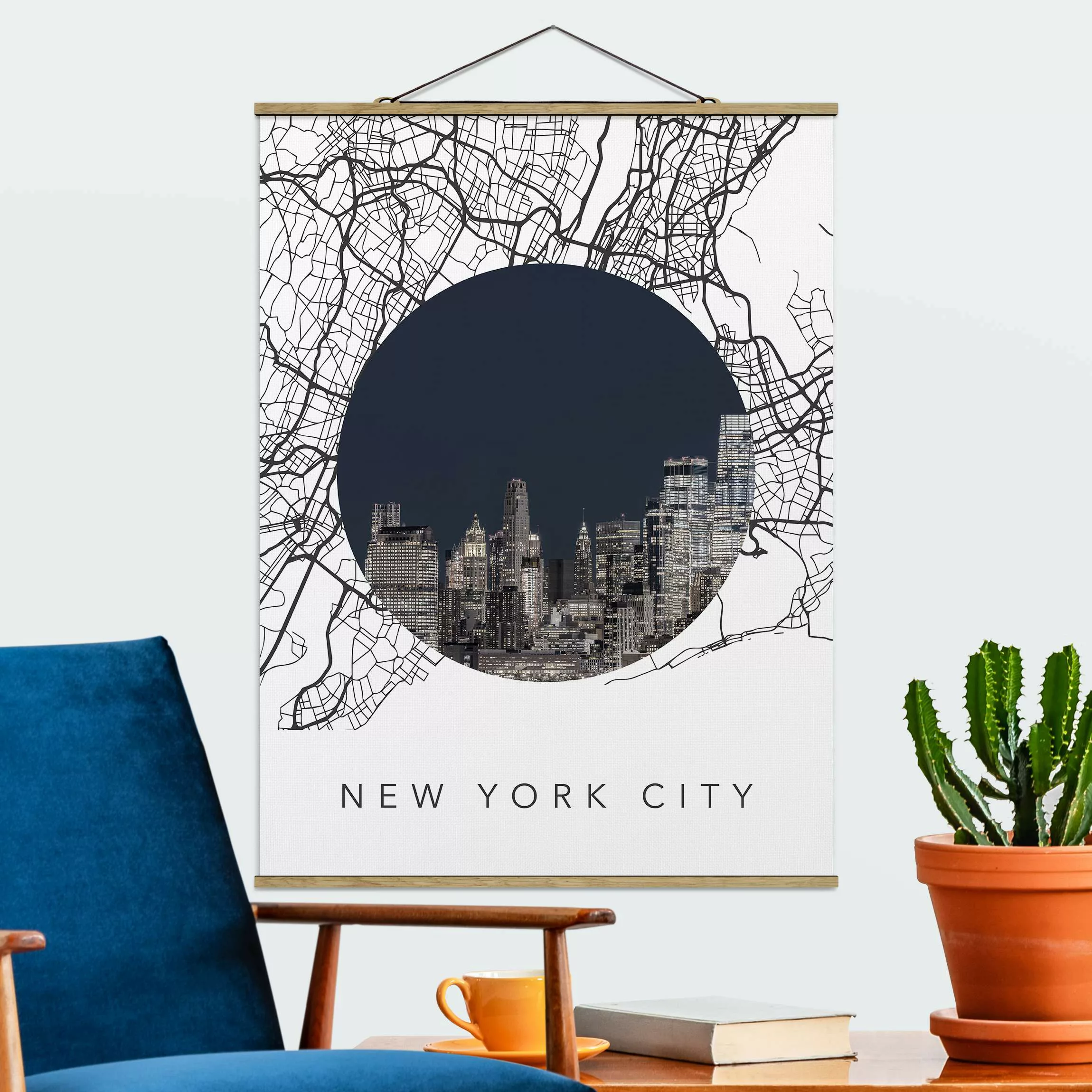 Stoffbild mit Posterleisten Stadtplan Collage New York City günstig online kaufen