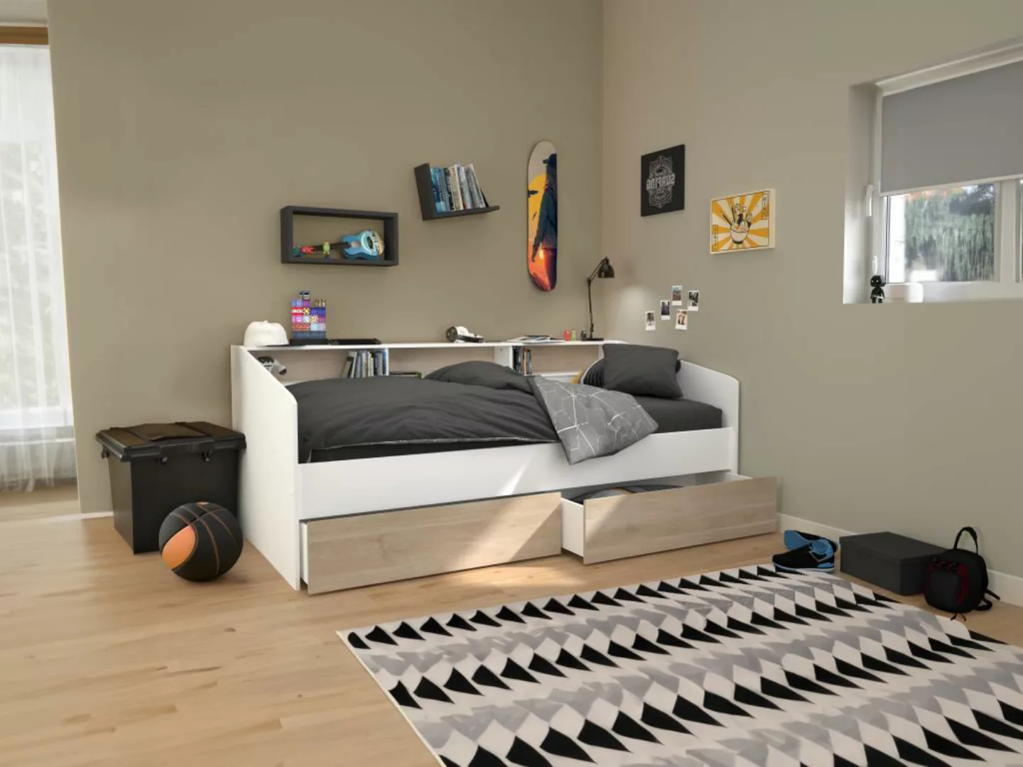 Bett mit Stauraum - 90 x 190/200 cm- Weiß & Holzfarben - PAULETTE günstig online kaufen