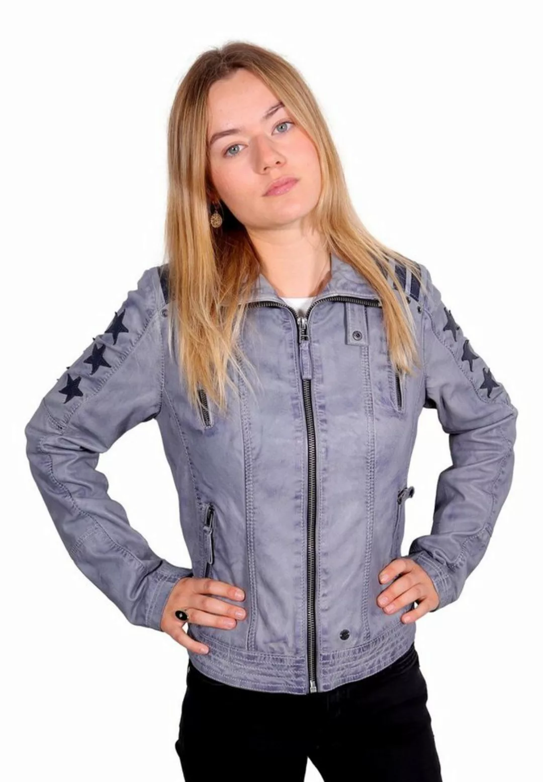 Lederjacke • Racing-Look • mit Nieten und aufgepatchten Streifen und Sterne günstig online kaufen