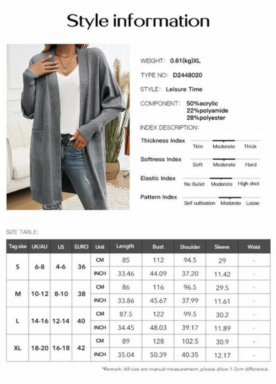 DEBAIJIA Cardigan Damen Cardigan Vorderseite mit Taschen Einfarbig Gestrick günstig online kaufen