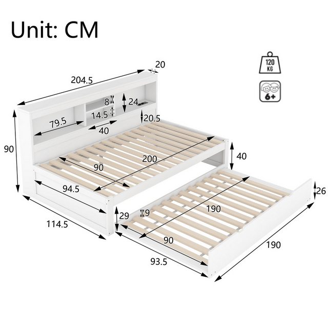 Flieks Kinderbett, LED Daybett Holzbett 90x200cm mit Ladefunktion & Auszieh günstig online kaufen