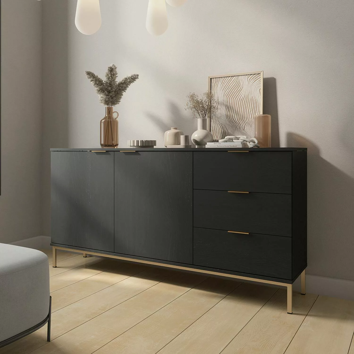 Sideboard in Esche schwarz Nb. mit 3 Schubladen PERIA-132, Industrial Desig günstig online kaufen