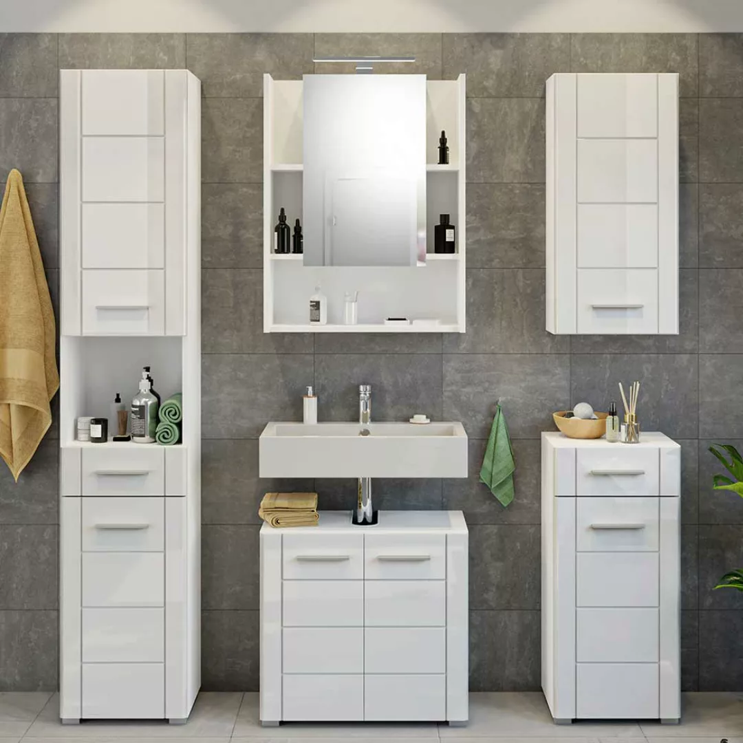 Badmöbelset mit Spiegelschrank in Weiß Hochglanz (fünfteilig) günstig online kaufen