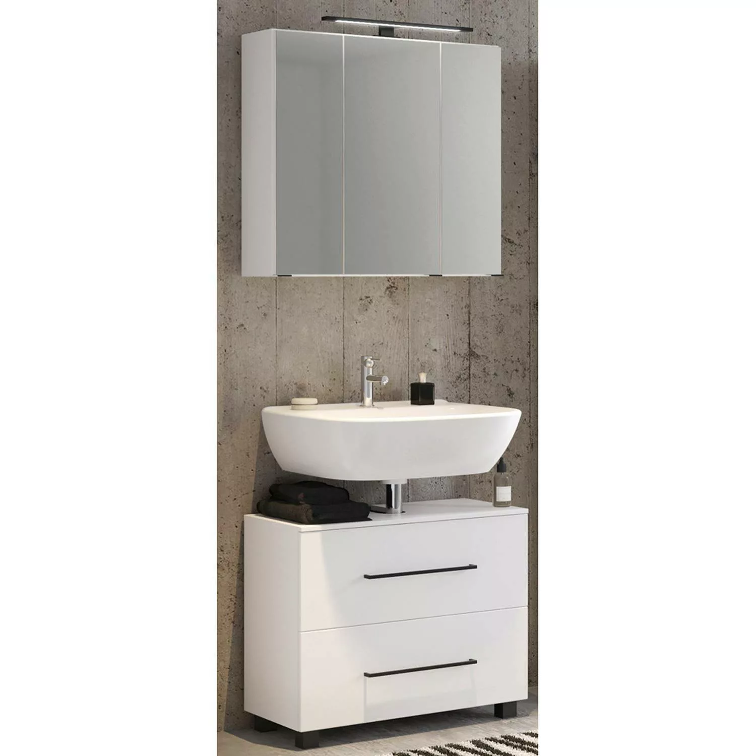 Badezimmer Waschplatz Set 70 cm MANLY-03 in weiß inkl. LED Spiegelschrank günstig online kaufen