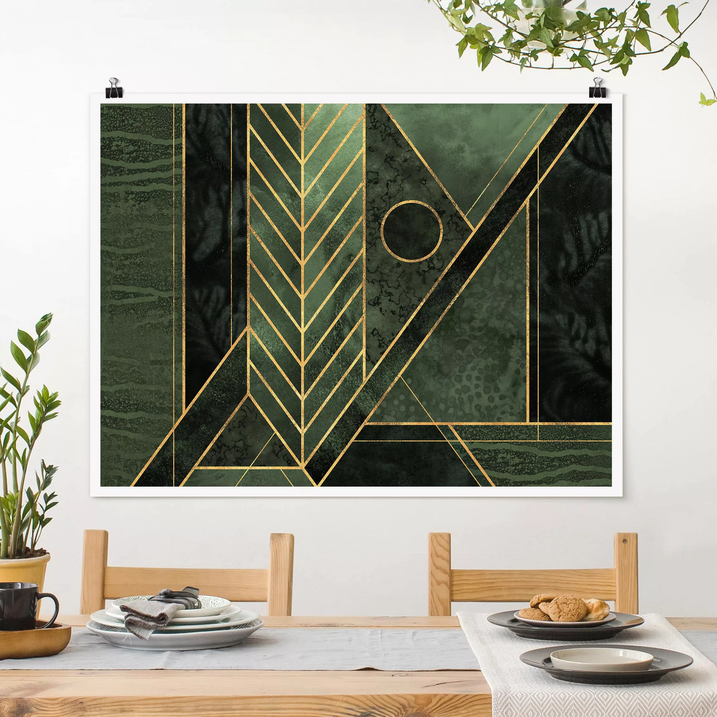 Poster Abstrakt - Querformat Geometrische Formen Smaragd Gold günstig online kaufen